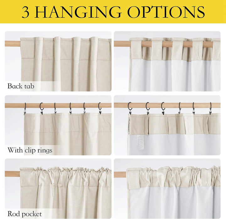Curtain hanging options showing back tabs, rod pocket and clip rings