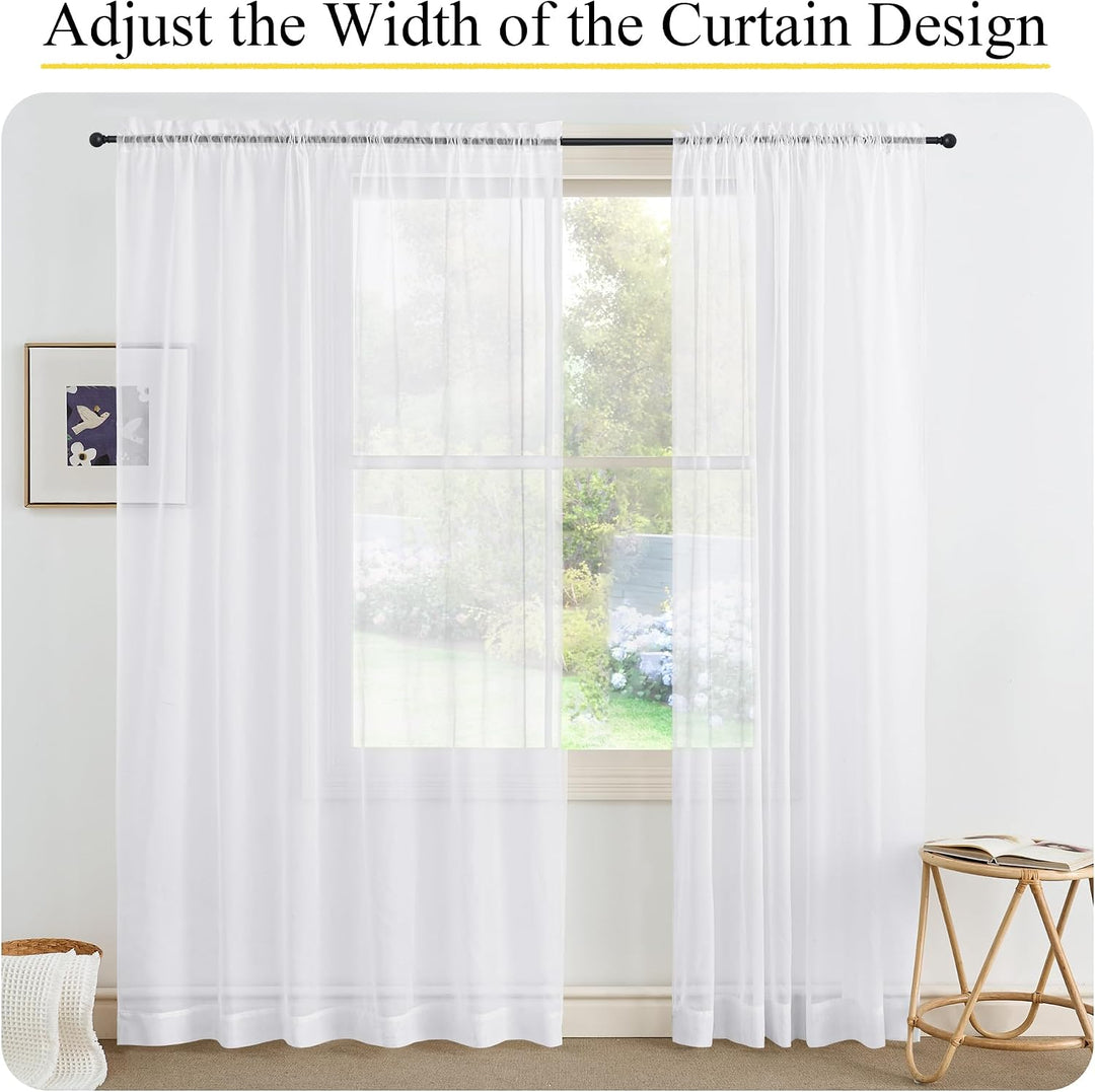 White sheer curtains with adjustable gathered width