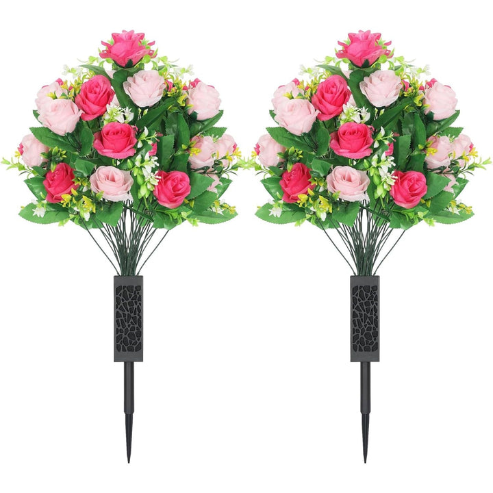 Lodou 2 Sets Artificial Cemetery Flowers,Artificial Cemetery Flowers with Vase,Memorial Flowers,Artificial Rose Bouquet Graveyard Memorial Flowers for Graveyard Headstones Decoration (Pink and red) - Just Closeouts Canada Inc.