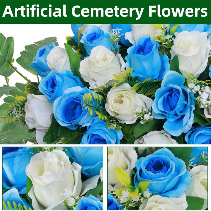 Lodou Artificial Cemetery Flower Saddles, Rose Headstone Flower Saddle Outdoor Grave Decorations,Cemetery Memorial Flowers with Vase for Grave Tombstone Decorations (Blue with White, Saddle) - Just Closeouts Canada Inc.