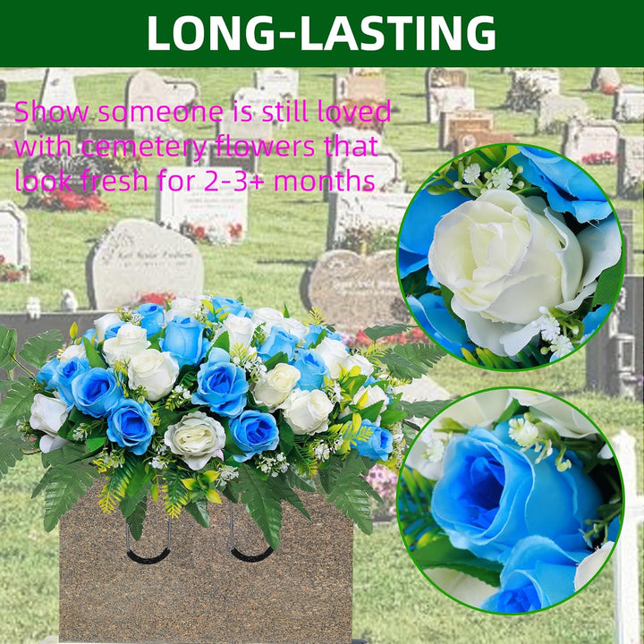 Lodou Artificial Cemetery Flower Saddles, Rose Headstone Flower Saddle Outdoor Grave Decorations,Cemetery Memorial Flowers with Vase for Grave Tombstone Decorations (Blue with White, Saddle) - Just Closeouts Canada Inc.