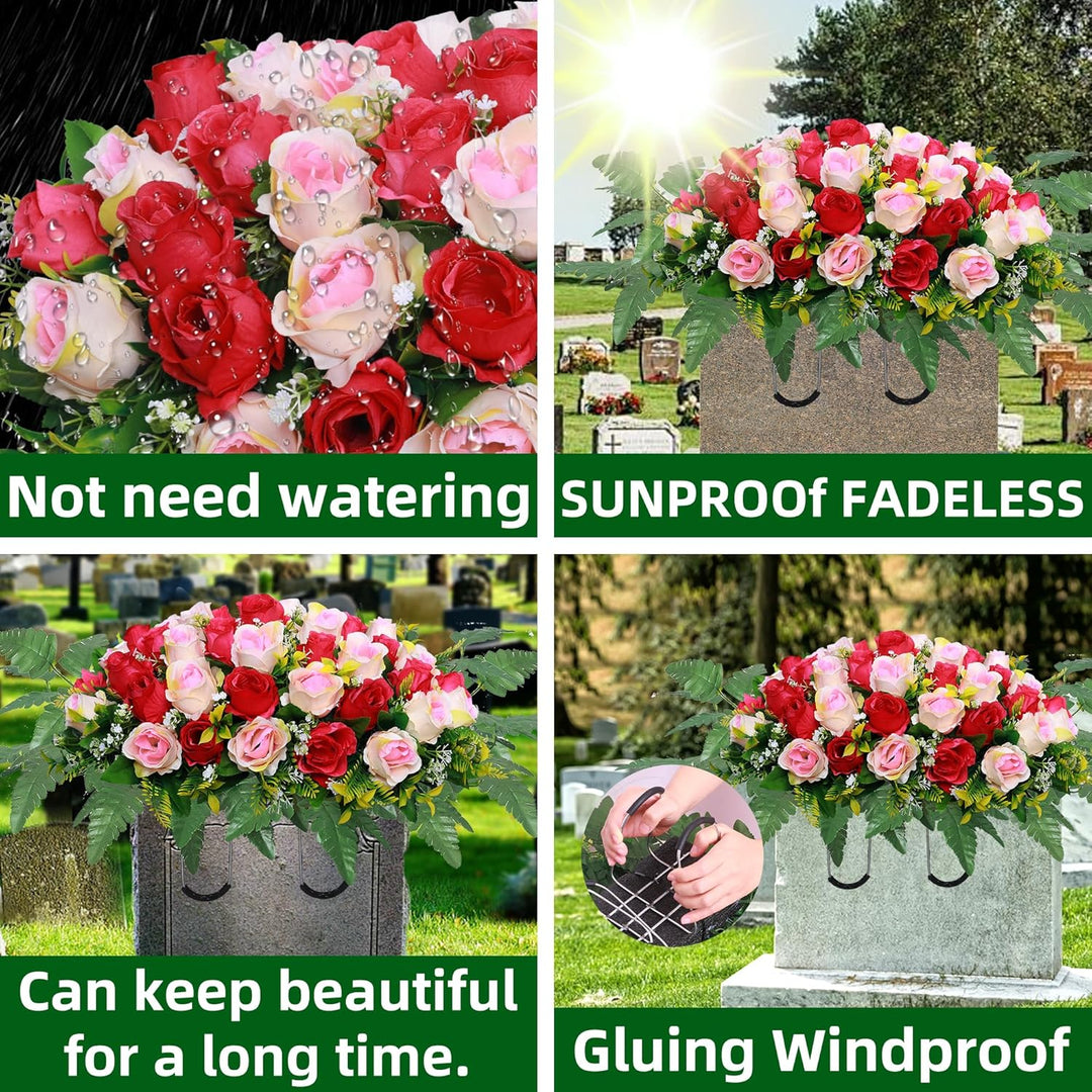 Lodou Artificial Cemetery Flower Saddles, Rose Headstone Flower Saddle Outdoor Grave Decorations,Cemetery Memorial Flowers with Vase for Grave Tombstone Decorations (Red and Champagne, Saddle) - Just Closeouts Canada Inc.
