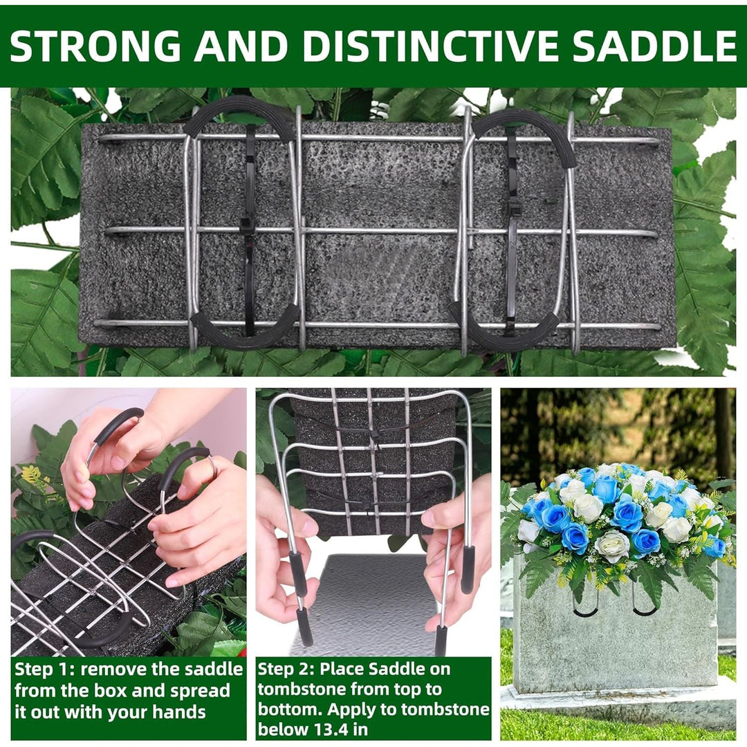Lodou Artificial Cemetery Flower Saddles, Rose Headstone Flower Saddle Outdoor Grave Decorations,Cemetery Memorial Flowers with Vase for Grave Tombstone Decorations (Blue with White, Saddle) - Just Closeouts Canada Inc.