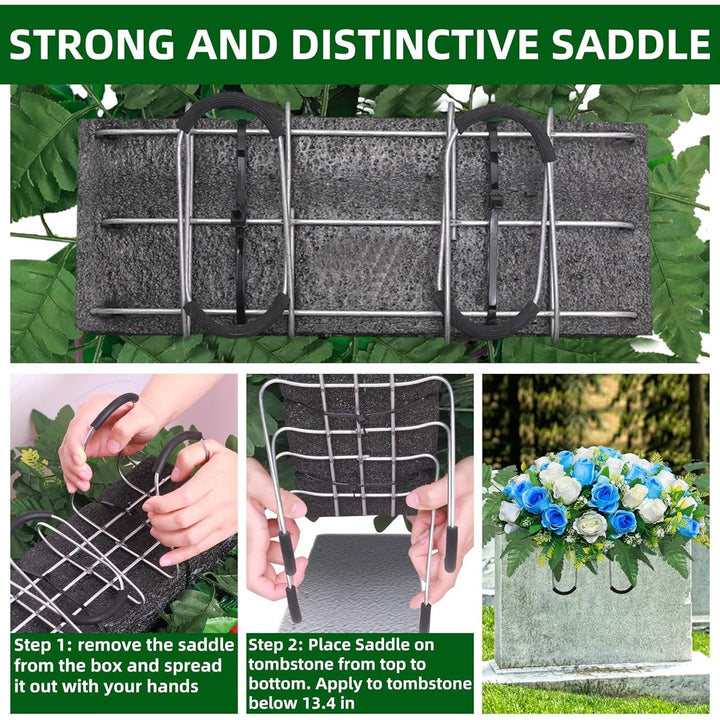 Lodou Artificial Cemetery Flower Saddles, Rose Headstone Flower Saddle Outdoor Grave Decorations,Cemetery Memorial Flowers with Vase for Grave Tombstone Decorations (Blue with White, Saddle) - Just Closeouts Canada Inc.