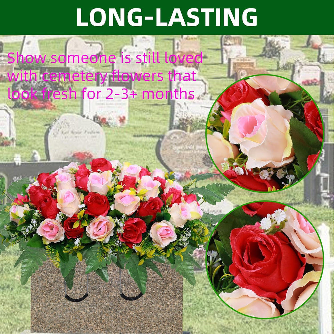 Lodou Artificial Cemetery Flower Saddles, Rose Headstone Flower Saddle Outdoor Grave Decorations,Cemetery Memorial Flowers with Vase for Grave Tombstone Decorations (Red and Champagne, Saddle) - Just Closeouts Canada Inc.