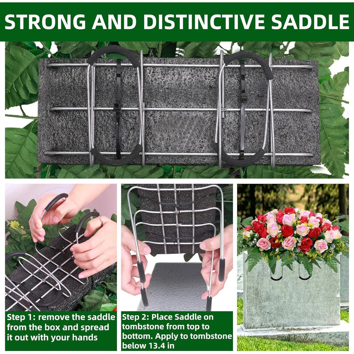 Lodou Artificial Cemetery Flower Saddles, Rose Headstone Flower Saddle Outdoor Grave Decorations,Cemetery Memorial Flowers with Vase for Grave Tombstone Decorations (Red and Champagne, Saddle) - Just Closeouts Canada Inc.