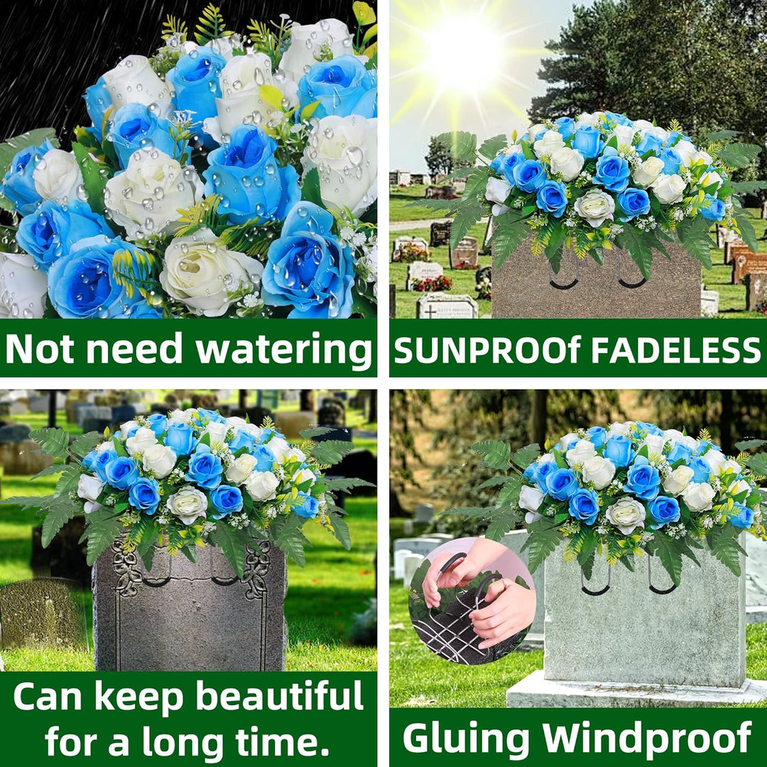 Lodou Artificial Cemetery Flower Saddles, Rose Headstone Flower Saddle Outdoor Grave Decorations,Cemetery Memorial Flowers with Vase for Grave Tombstone Decorations (Blue with White, Saddle) - Just Closeouts Canada Inc.