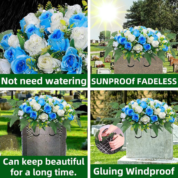 Lodou Artificial Cemetery Flower Saddles, Rose Headstone Flower Saddle Outdoor Grave Decorations,Cemetery Memorial Flowers with Vase for Grave Tombstone Decorations (Blue with White, Saddle) - Just Closeouts Canada Inc.