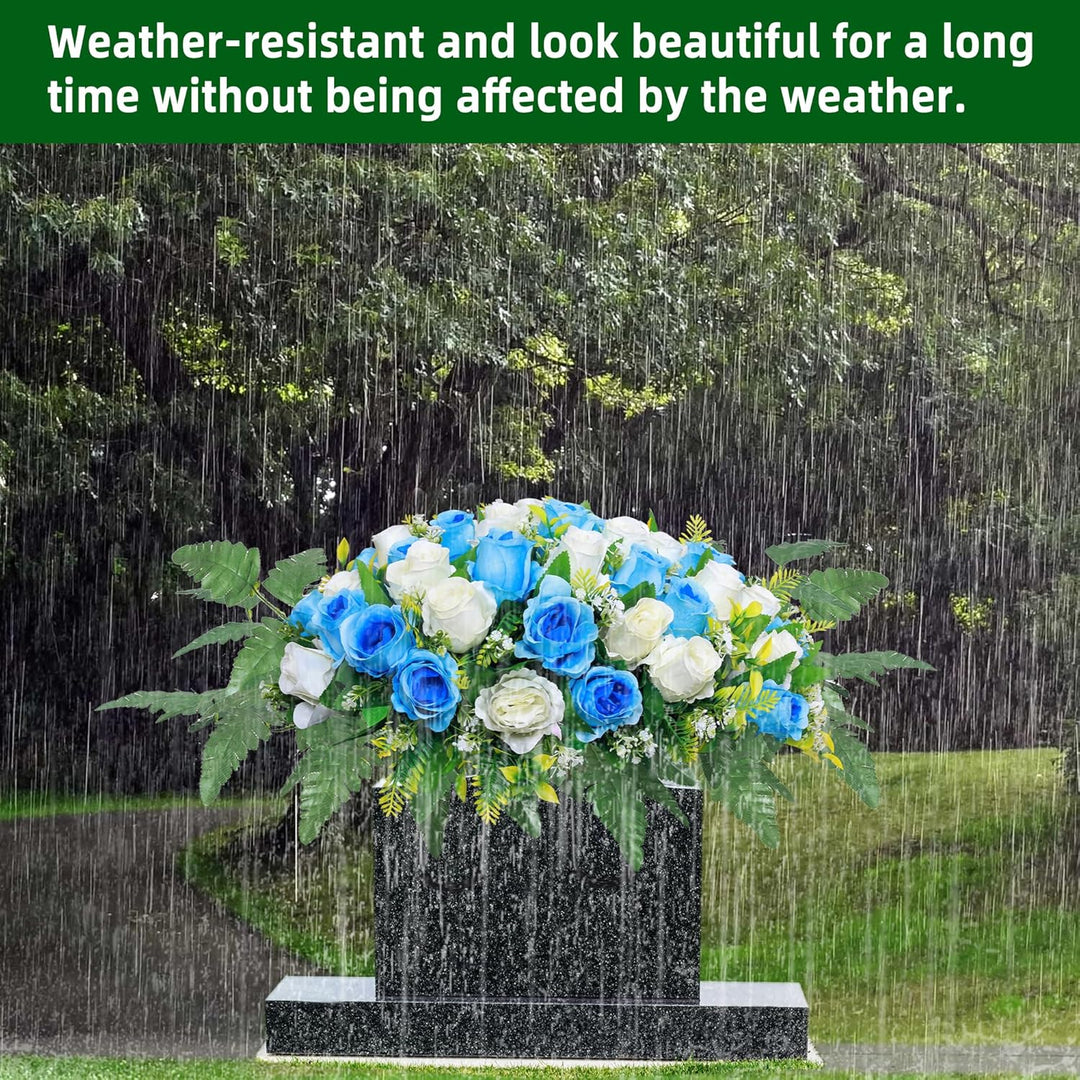 Lodou Artificial Cemetery Flower Saddles, Rose Headstone Flower Saddle Outdoor Grave Decorations,Cemetery Memorial Flowers with Vase for Grave Tombstone Decorations (Blue with White, Saddle) - Just Closeouts Canada Inc.