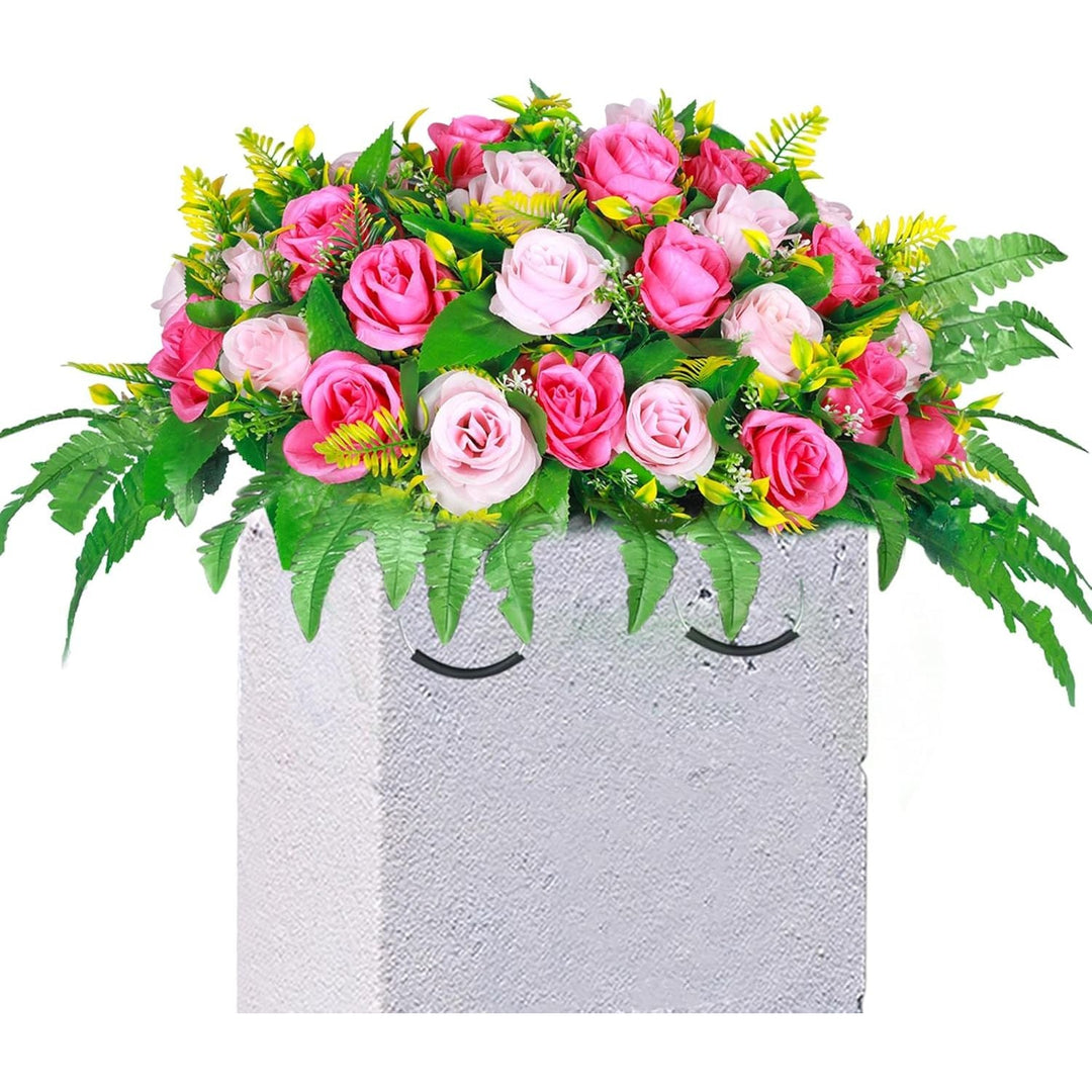 Lodou Artificial Cemetery Flowers, Artificial Silk Flower Arrangement, Artificial Rose Bouquet Grave Memorial Flowers with Headstone Flower Saddle for Graveyard Headstones Decoration (1, Pink and red) - Just Closeouts Canada Inc.