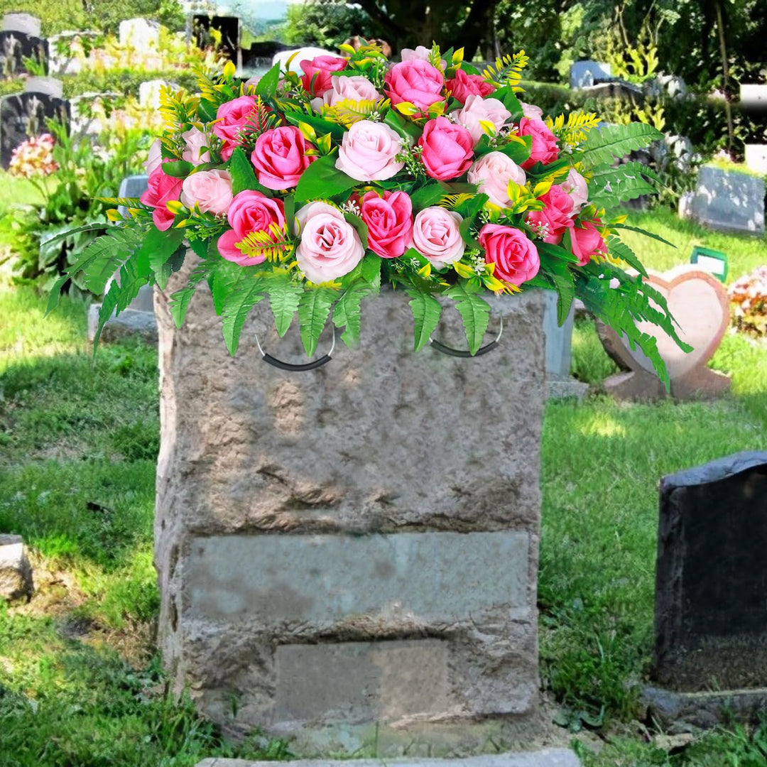 Lodou Artificial Cemetery Flowers, Artificial Silk Flower Arrangement, Artificial Rose Bouquet Grave Memorial Flowers with Headstone Flower Saddle for Graveyard Headstones Decoration (1, Pink and red) - Just Closeouts Canada Inc.