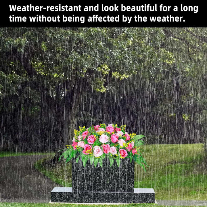 Lodou Artificial Cemetery Flowers, Artificial Silk Flower Arrangement, Artificial Rose Bouquet Grave Memorial Flowers with Headstone Flower Saddle for Graveyard Headstones Decoration (1, Pink and red) - Just Closeouts Canada Inc.