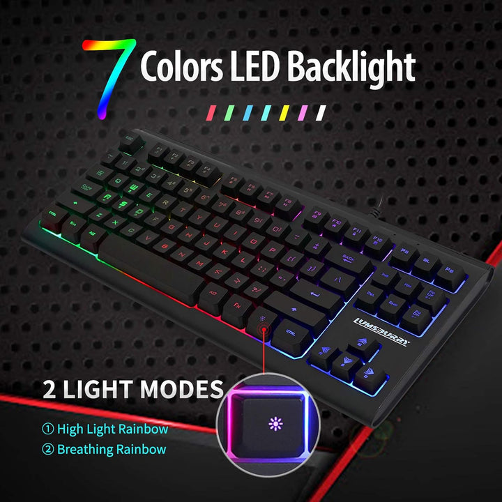 Lumsburry Computer Keyboard, 87 Keys Compact Wired USB Keyboard with Rainbow LED Light Up Backlit for PC Gaming Laptop Teclado Gamers Office Working - Just Closeouts Canada Inc.