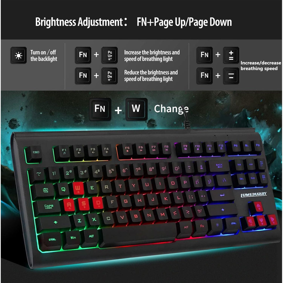 Lumsburry Computer Keyboard, 87 Keys Compact Wired USB Keyboard with Rainbow LED Light Up Backlit for PC Gaming Laptop Teclado Gamers Office Working - Just Closeouts Canada Inc.
