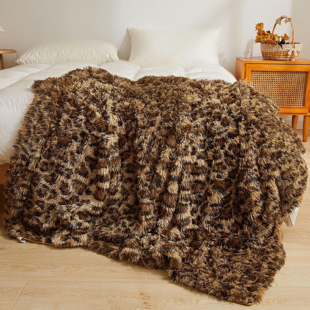 Luxury Faux Fur Leopard Print Throw Blanket, Soft Cheetah Print Fluffy Bed Blanket, Shaggy Plush Decorative Couch Blanket, Cute Furry Animal Print Fuzzy Blanket for Sofa Bed Couch, Brown, 60x90 - Just Closeouts Canada Inc.X004DNW653