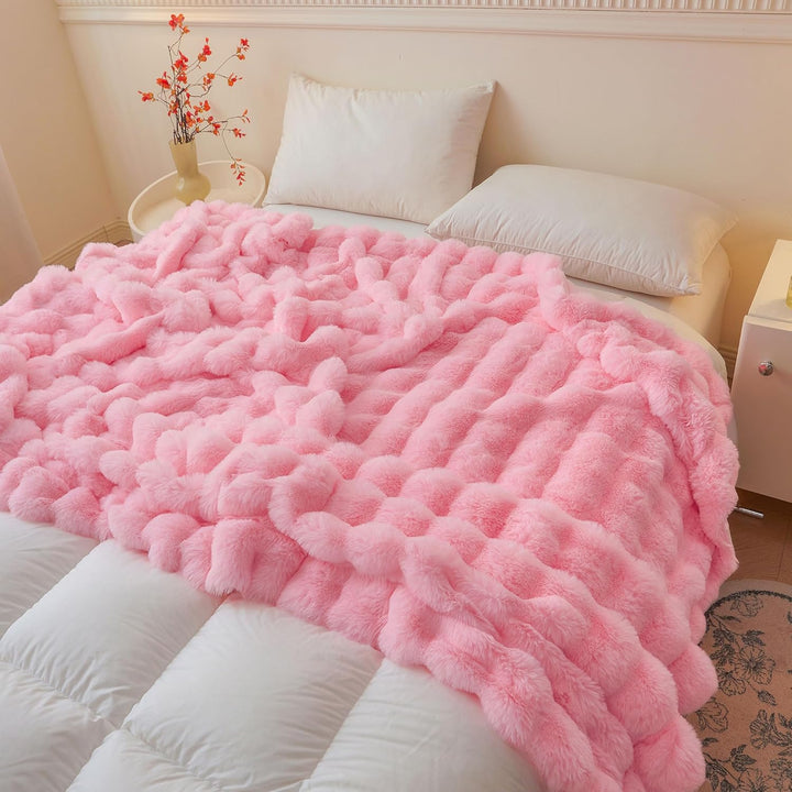 Luxury Fluffy Faux Rabbit Fur Blanket, Plush Fuzzy Bubble Waffle Throw Couch Sofa, Cozy Comfy Furry Bed Blanket Home Decoration, Aesthetic Shaggy Throw for Bedroom Living Room, 60x90, Pink - Just Closeouts Canada Inc.