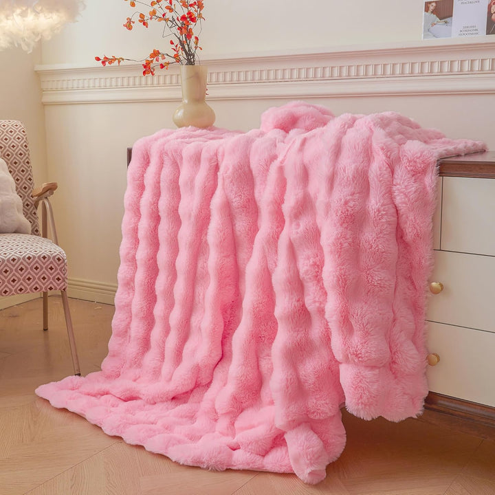 Luxury Fluffy Faux Rabbit Fur Blanket, Plush Fuzzy Bubble Waffle Throw Couch Sofa, Cozy Comfy Furry Bed Blanket Home Decoration, Aesthetic Shaggy Throw for Bedroom Living Room, 60x90, Pink - Just Closeouts Canada Inc.