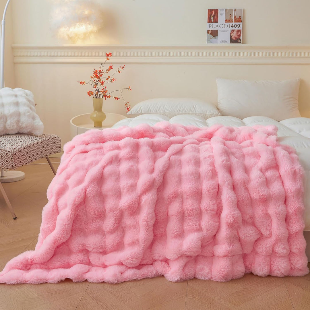 Luxury Fluffy Faux Rabbit Fur Blanket, Plush Fuzzy Bubble Waffle Throw Couch Sofa, Cozy Comfy Furry Bed Blanket Home Decoration, Aesthetic Shaggy Throw for Bedroom Living Room, 60x90, Pink - Just Closeouts Canada Inc.