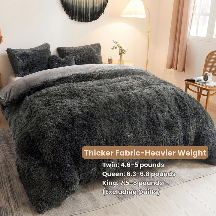 Luxury Shaggy Faux Fur Duvet Cover Set, Ultra Soft 3 Pieces Fluffy Comforter Cover Set, Fuzzy Bedding Set for Bedroom(1 Plush Furry Duvet Cover + 2 Pillowcases), Zipper Closure(King, Dark Grey) - Just Closeouts Canada Inc.