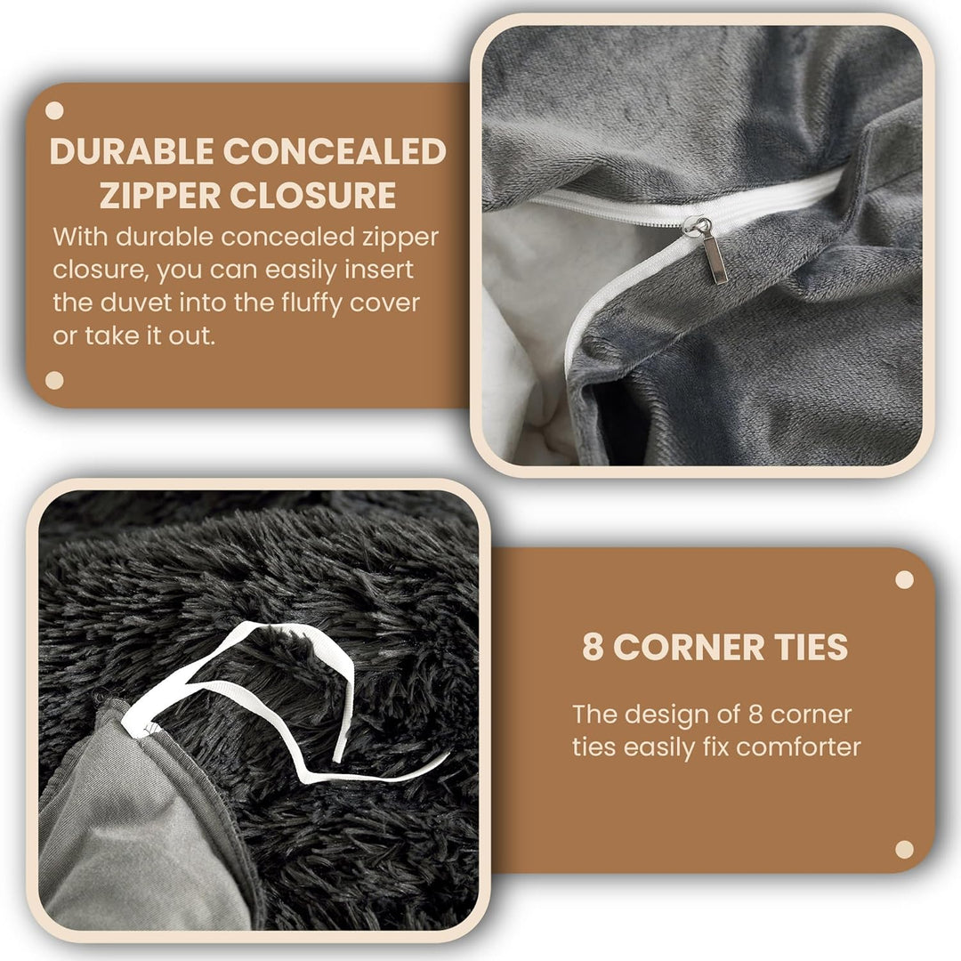 Luxury Shaggy Faux Fur Duvet Cover Set, Ultra Soft 3 Pieces Fluffy Comforter Cover Set, Fuzzy Bedding Set for Bedroom(1 Plush Furry Duvet Cover + 2 Pillowcases), Zipper Closure(King, Dark Grey) - Just Closeouts Canada Inc.