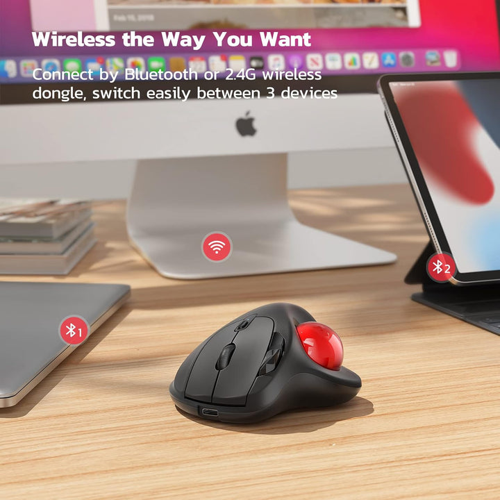 M501 Wireless Trackball Mouse, Rechargeable Ergonomic, Easy Thumb Control, Precise & Smooth Tracking, 3 Device Connection (Bluetooth or USB Receiver), Compatible for PC, Laptop, Mac(Red) - Just Closeouts Canada Inc.X004RIRKY1