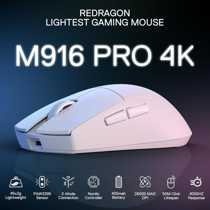 M916 PRO 3 - Mode Wireless Gaming Mouse, Hype - Speed 4K Polling Rate, 49G Ultra - Light 26K DPI Mouse w/Ergonomic Natural Grip Build, Redefinable Macro Buttons, Software Supported - Just Closeouts Canada Inc.