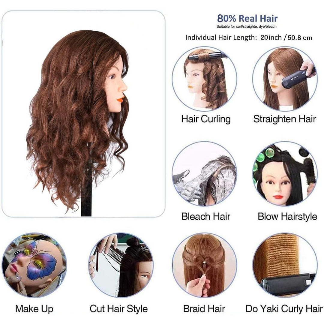Mannequin Head with 100% Human Hair, 18" Dark Brown Real Hair Cosmetology Mannequin Head Hair Styling Hairdressing Practice Training Doll Heads with Clamp Holder and Tools - Just Closeouts Canada Inc.X002BI0X2Z