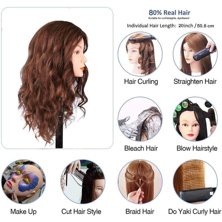 Mannequin Head with 100% Human Hair, 18" Dark Brown Real Hair Cosmetology Mannequin Head Hair Styling Hairdressing Practice Training Doll Heads with Clamp Holder and Tools - Just Closeouts Canada Inc.X002BI0X2Z