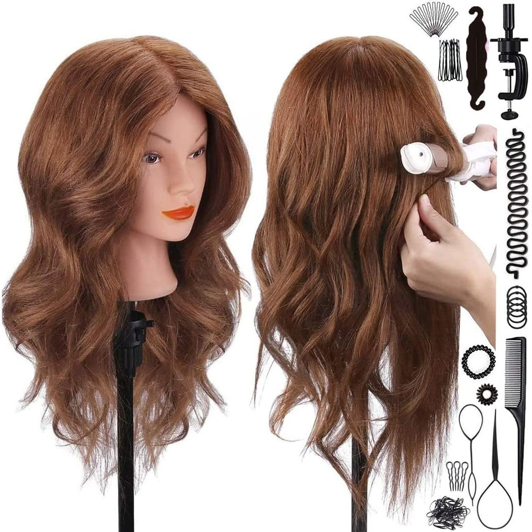 Mannequin Head with 100% Human Hair, 18" Dark Brown Real Hair Cosmetology Mannequin Head Hair Styling Hairdressing Practice Training Doll Heads with Clamp Holder and Tools - Just Closeouts Canada Inc.X002BI0X2Z