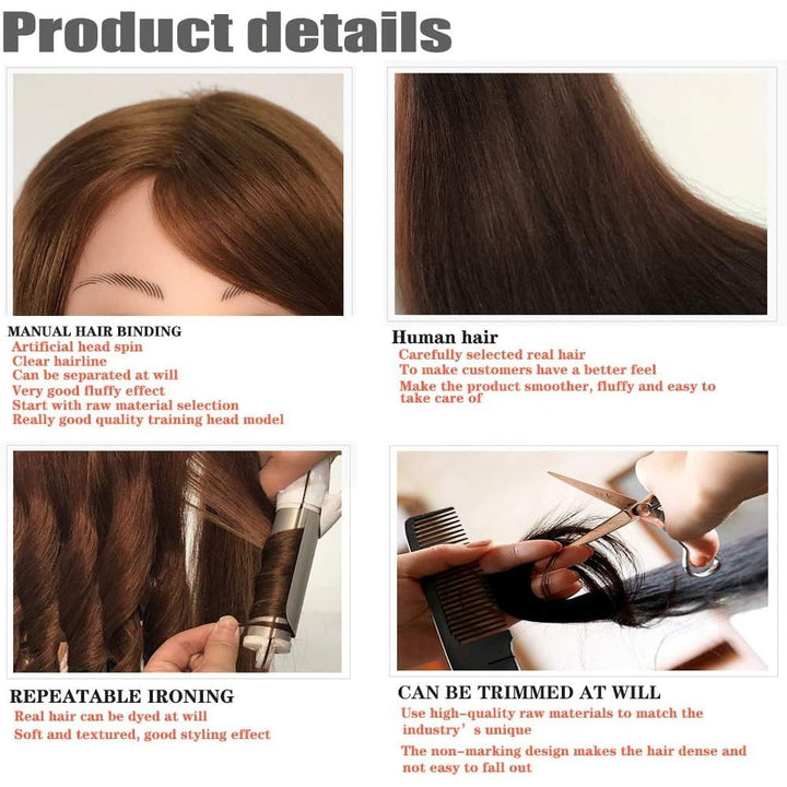 Mannequin Head with 100% Human Hair, 18" Dark Brown Real Hair Cosmetology Mannequin Head Hair Styling Hairdressing Practice Training Doll Heads with Clamp Holder and Tools - Just Closeouts Canada Inc.X002BI0X2Z