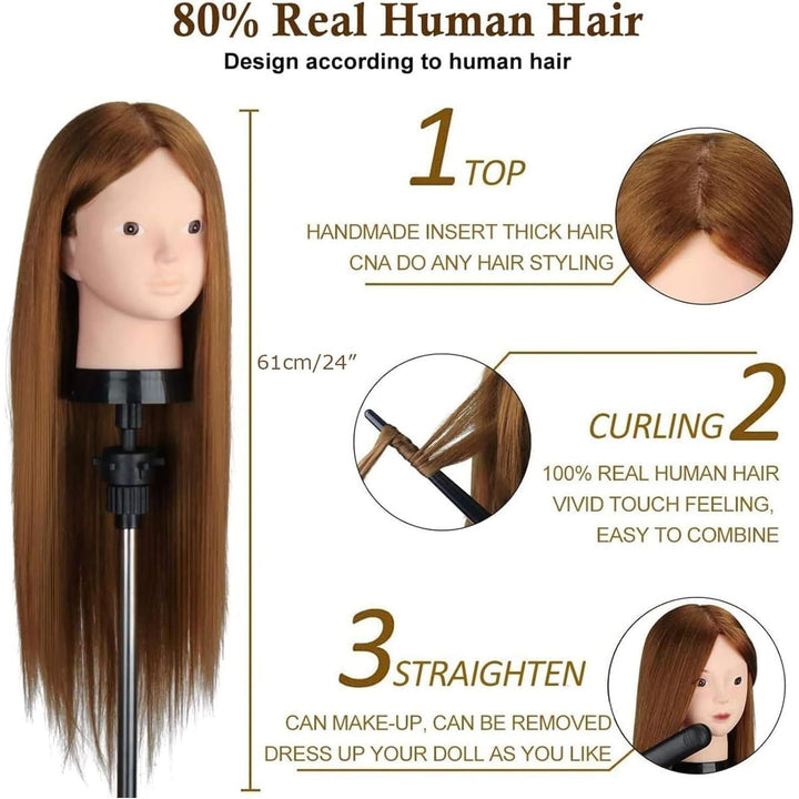 Mannequin Head with 80% Human Hair, 23.5" Brown Real Hair Cosmetology Mannequin Head Hair Styling Hairdressing Practice Training Doll Heads with Clamp Holder and Tools - Just Closeouts Canada Inc.X003K9VWYH