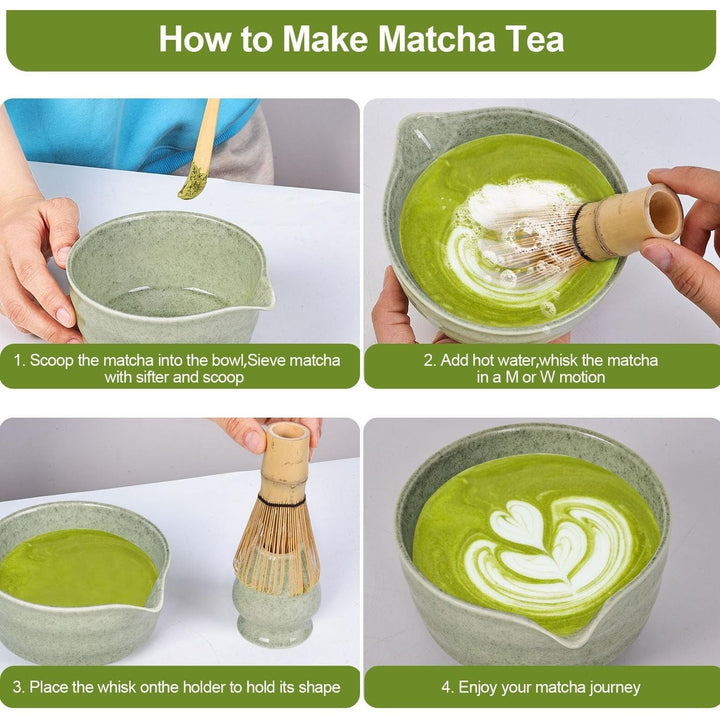Matcha Set, Matcha Whisk Set Includes 17oz Matcha Bowl with Spout,Matcha Whisk,Chasen Holder, 2 Scoop, Sifter - 6 Pcs - Just Closeouts Canada Inc.