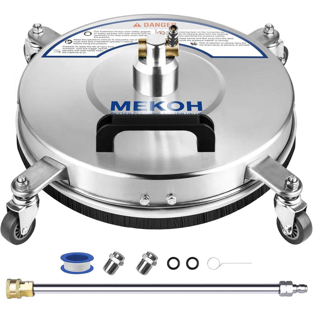MEKOH 14" Pressure Washer Surface Cleaner 4500PSI, 4 Wheels Stainless Steel Power Washer Attachment for Driveway Sidewalk Patio Concrete, 1/4'' Quick - Connect, 2 Extension Wands & 5 Nozzles - Just Closeouts Canada Inc.