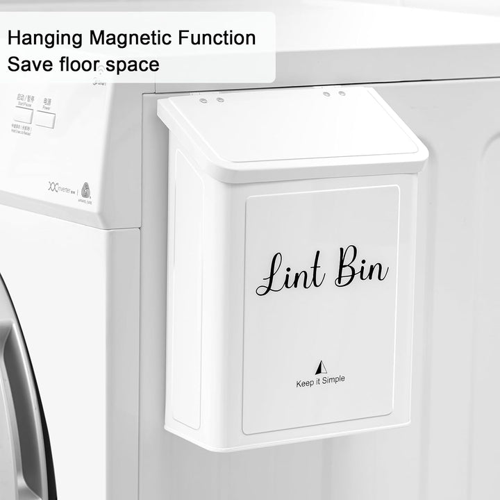 Metal Magnetic Lint Bin for Laundry Room, Wall Mounted Box Holder Trash Can With Lid for Dryer, Basket, White - Just Closeouts Canada Inc.