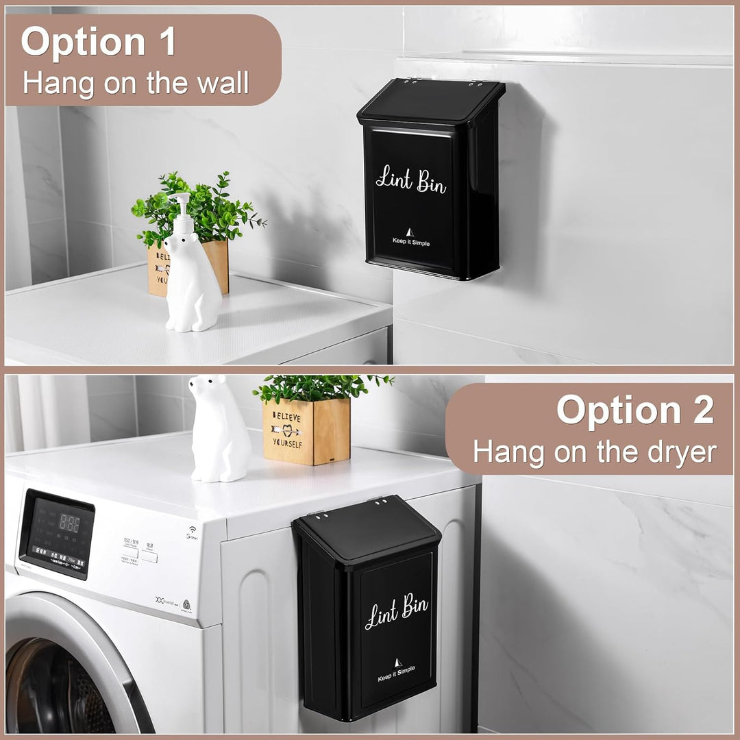 Metal Magnetic Lint Bin for Laundry Room, Wall Mounted Lint Box Holder Trash Can with Lid for Dryer, Black - Just Closeouts Canada Inc.