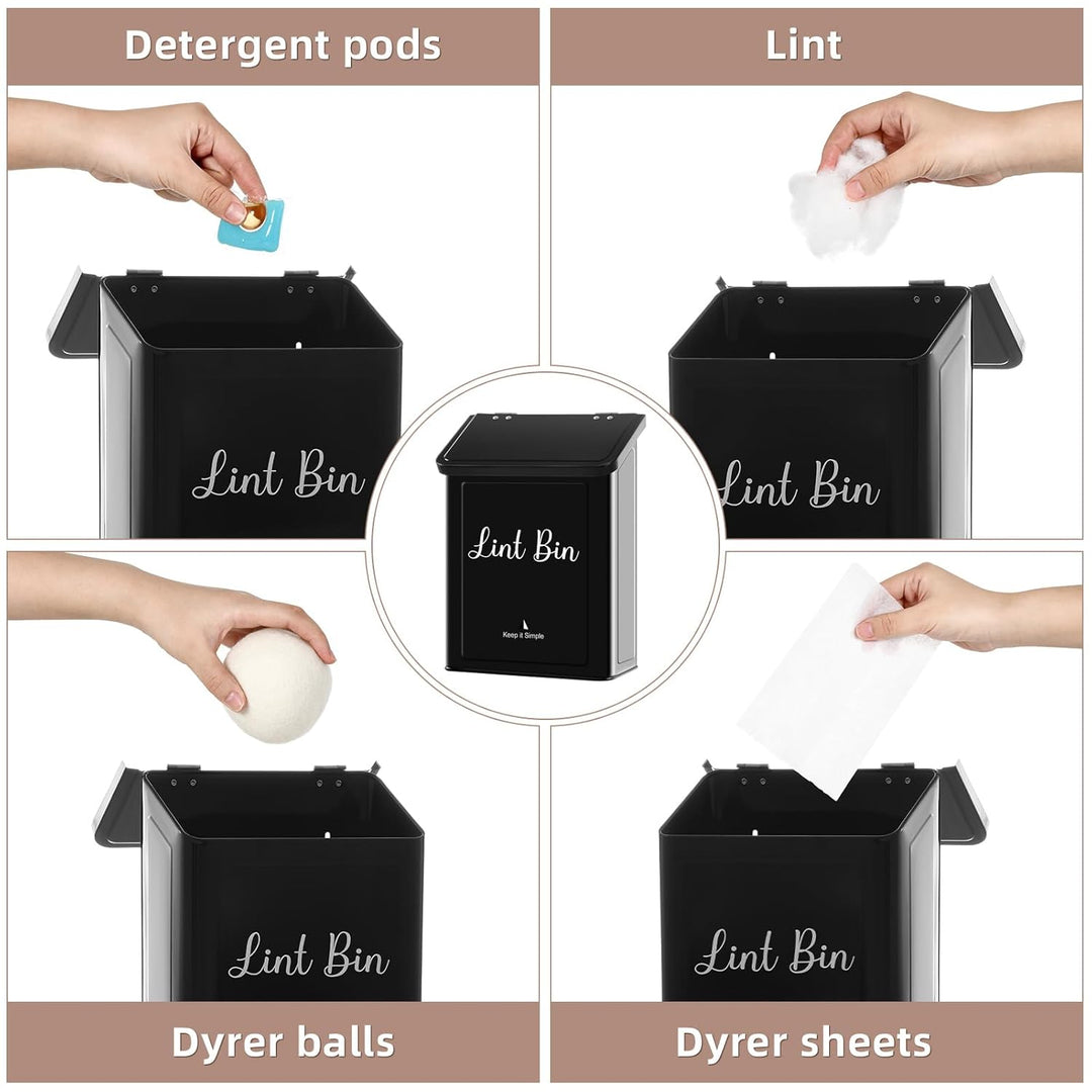 Metal Magnetic Lint Bin for Laundry Room, Wall Mounted Lint Box Holder Trash Can with Lid for Dryer, Black - Just Closeouts Canada Inc.