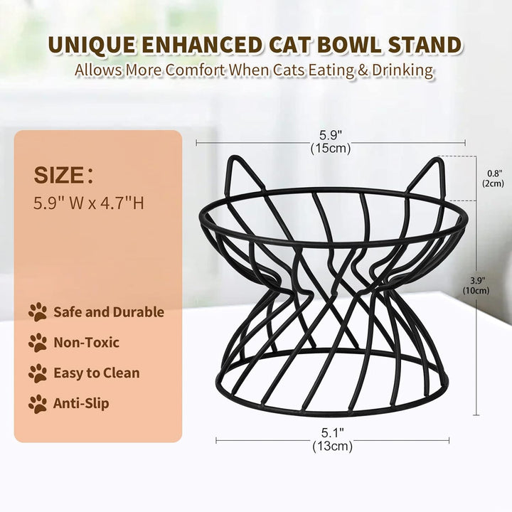 Metal Stand for Cat Bowls - Raised Cat Bowl Holder with Anti Slip Sleeves - Lifted Black Iron Cat Bowl Stand Anti Vomiting - Stress Free Eating and Drinking - Backflow Prevention - 5.9 x 4.7 inches - Just Closeouts Canada Inc.