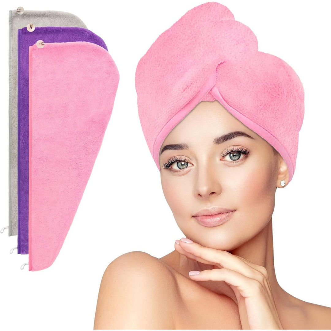 Microfiber Hair Towel Wrap for Women, 3 Pack Hair Drying Towels with Button, Fast Drying Anti Frizz Hair Wrap for Wet Curly Hair Women Girls, Turbans for Women, Absorbent and Lightweight - Just Closeouts Canada Inc.X003QQCYP5