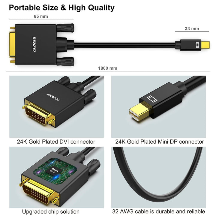 Mini Displayport to DVI Cable, Mini DP to DVI 1.83M Cable Male to Male Gold-Plated Cord for MacBook, iMac(LG51) Surface Pro and Laptop - Just Closeouts Canada Inc.000108black