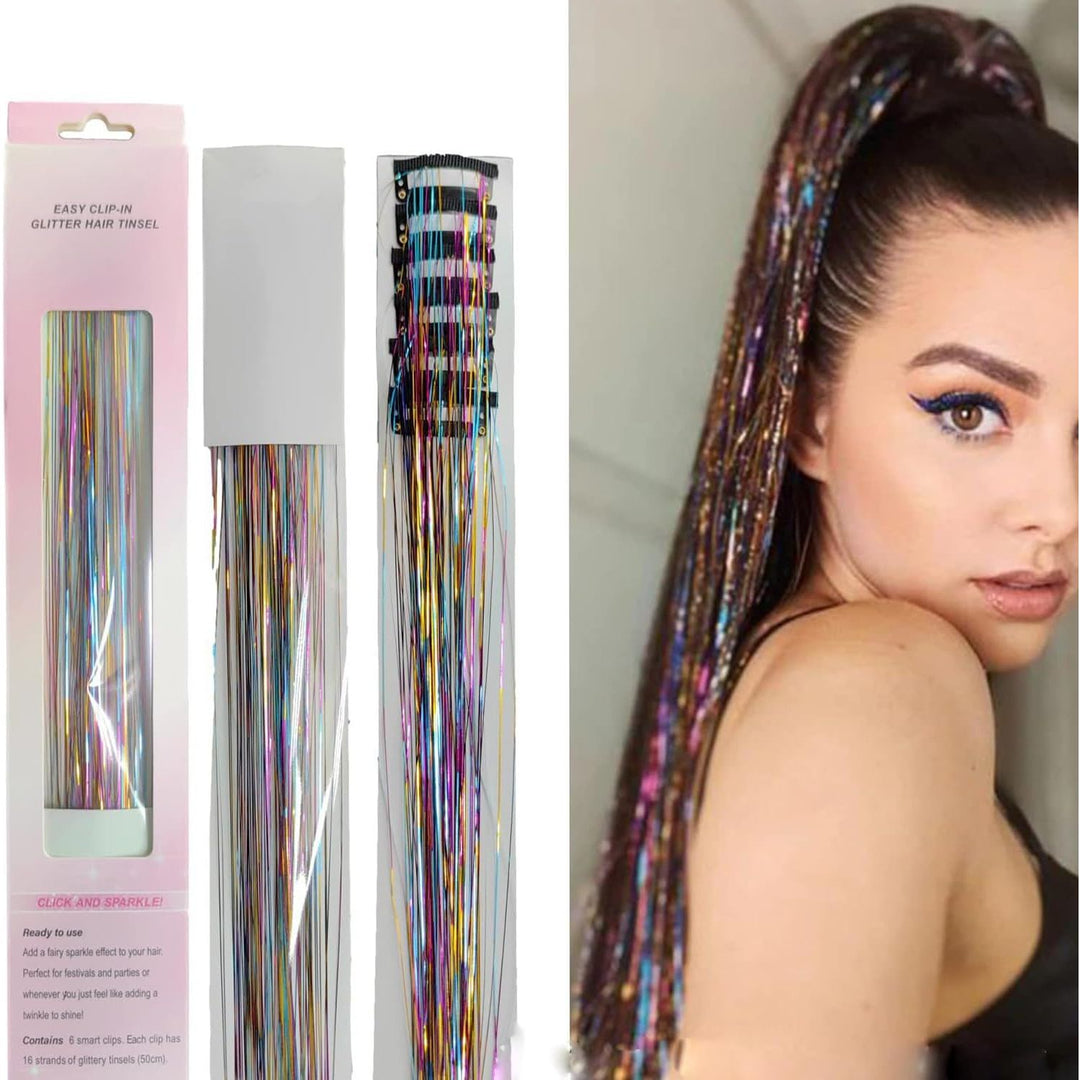 Mixed-colour clip-in hair tinsel set and model