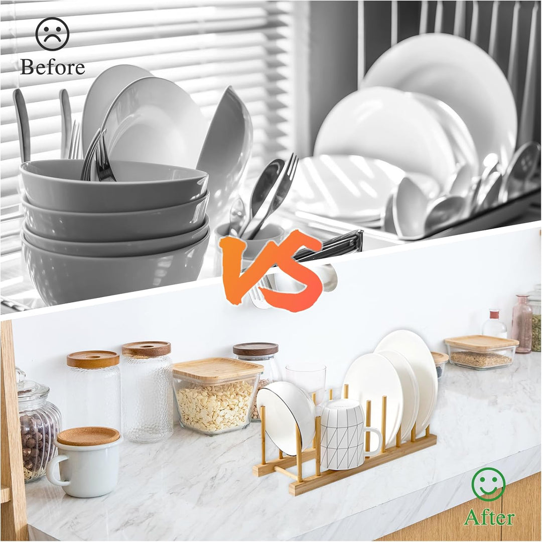 MOAMUN 2 Pack Bamboo Dish Drying Rack Plate Rack Stand Pot Lid Holder Cabinet Dish Organizer Rack Drainer Storage Holder for Dish Bowl, Cup, Cutting Board and More - Just Closeouts Canada Inc.
