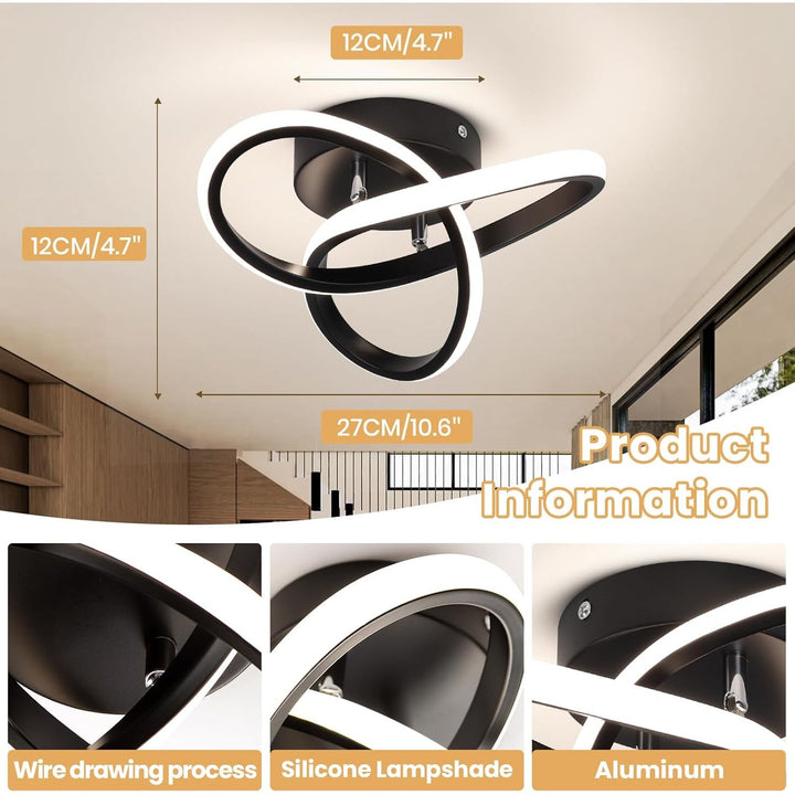 Modern Led Ceiling Light Fixtures,4500K Daylight White Black Semi Flush Mount Hallway Ceiling Light for Bedroom Bathroom Kitchen Balcony Laundry Room Stair Ceiling Lamp Curved Design (Black, 4500K) - Just Closeouts Canada Inc.