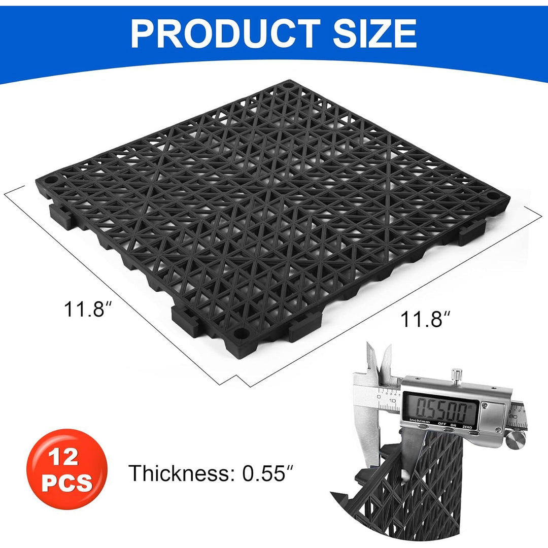 Modular Interlocking Cushion 12 Pack 11.8" x 11.8" Rubber Floor Tiles Non - Slip Splicing Drainage Mats for Deck, Pool, Outdoor Shower, Patio, Balcony, Indoor Bathroom, Kitchen, Yard (Black) - Just Closeouts Canada Inc.