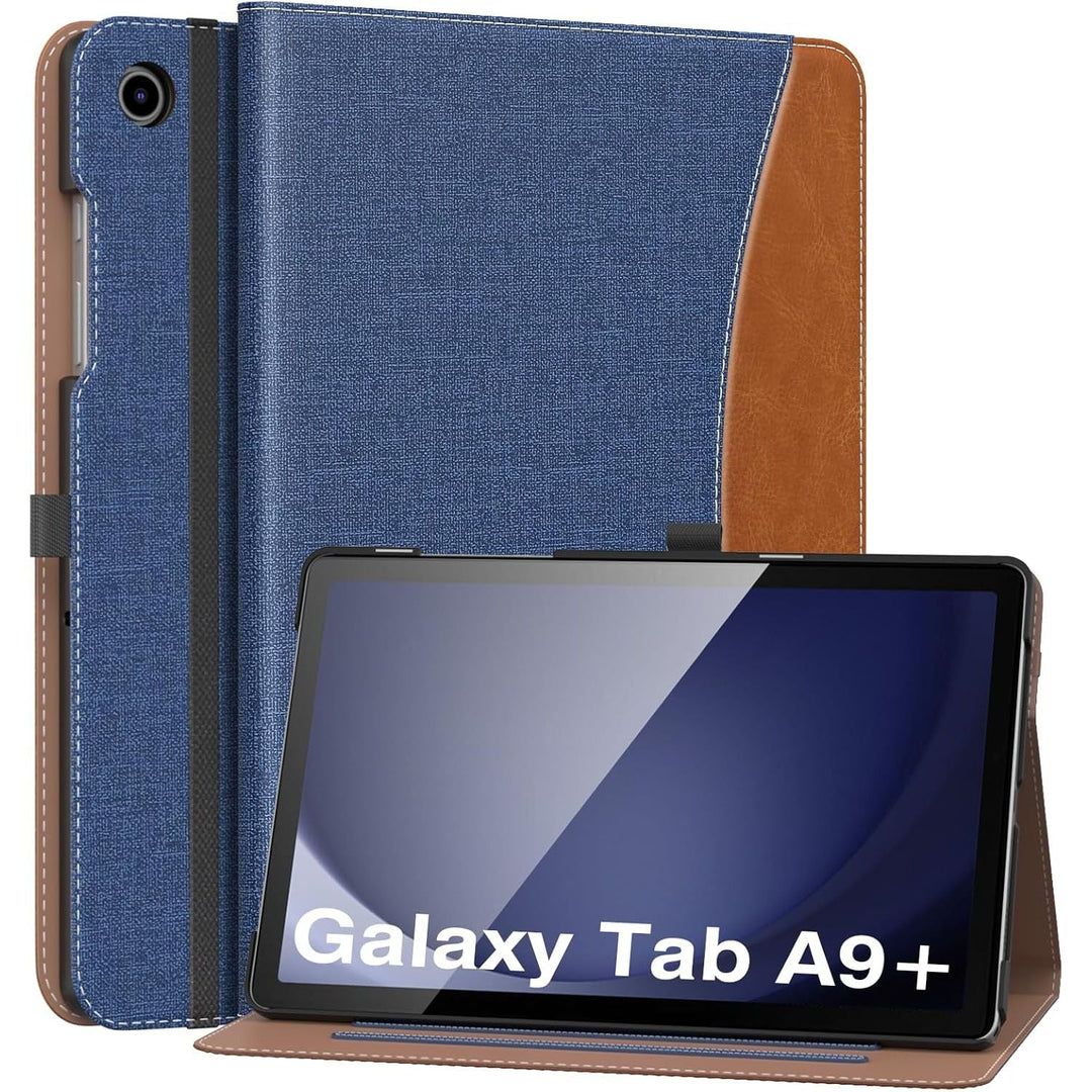 MoKo Case for Samsung Galaxy Tab A9 Plus 11" 2023 (SM - X210/SM - X216/SM - X218), PU Leather Multi - Angle Viewing Folding Stand Cover Case with Hand Strap, Front Pocket, Auto Wake/Sleep, Denim Blue & Brown - Just Closeouts Canada Inc.