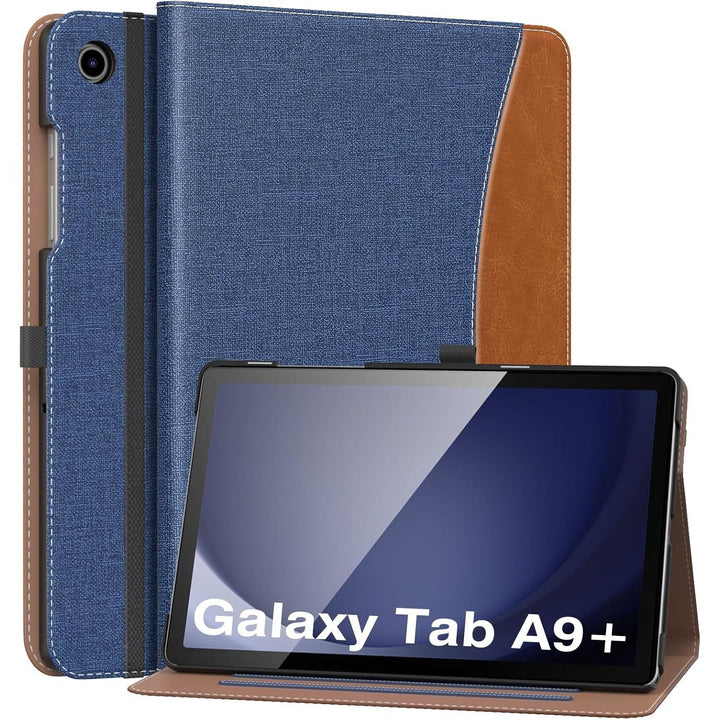MoKo Case for Samsung Galaxy Tab A9 Plus 11" 2023 (SM - X210/SM - X216/SM - X218), PU Leather Multi - Angle Viewing Folding Stand Cover Case with Hand Strap, Front Pocket, Auto Wake/Sleep, Denim Blue & Brown - Just Closeouts Canada Inc.