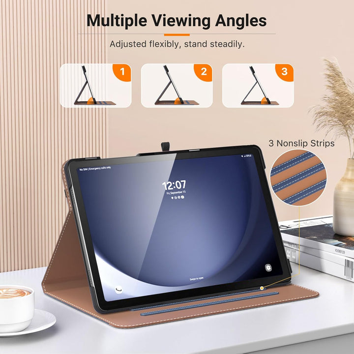 MoKo Case for Samsung Galaxy Tab A9 Plus 11" 2023 (SM - X210/SM - X216/SM - X218), PU Leather Multi - Angle Viewing Folding Stand Cover Case with Hand Strap, Front Pocket, Auto Wake/Sleep, Denim Blue & Brown - Just Closeouts Canada Inc.