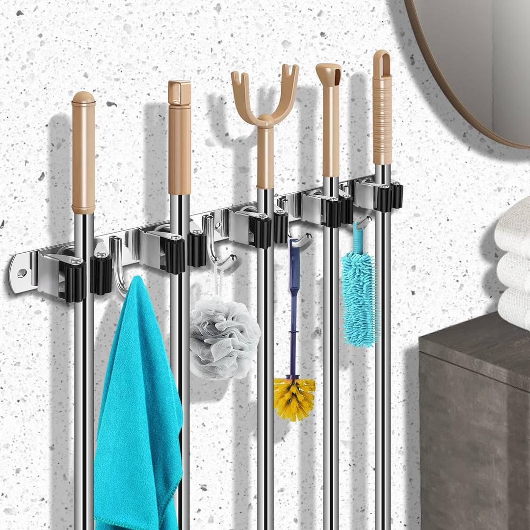 Mop Broom Holder Wall Mount, 5 Broom Gripper 4 Hooks Heavy Duty Stainless Steel Broom Hanger Wall Mount, Holds Up to 44 lbs, Ideal for Garage Storage Cleaning Tool Rack (5 Grippers 4 Hooks) - Just Closeouts Canada Inc.