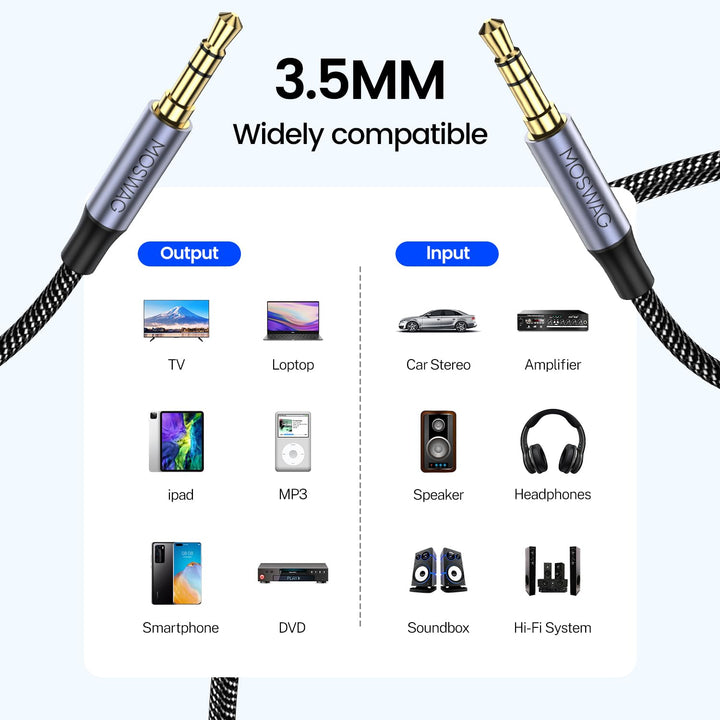 MOSWAG 3.28FT/1Meter 3.5mm Aux Cord to 3.5mm Audio Aux Jack Cable 3 Pole Male to Male Aux Cable Nylon Braided Stereo Jack Cord for Phones,Headphones,Speakers,Tablets,PCs,Music Players and More - Just Closeouts Canada Inc.