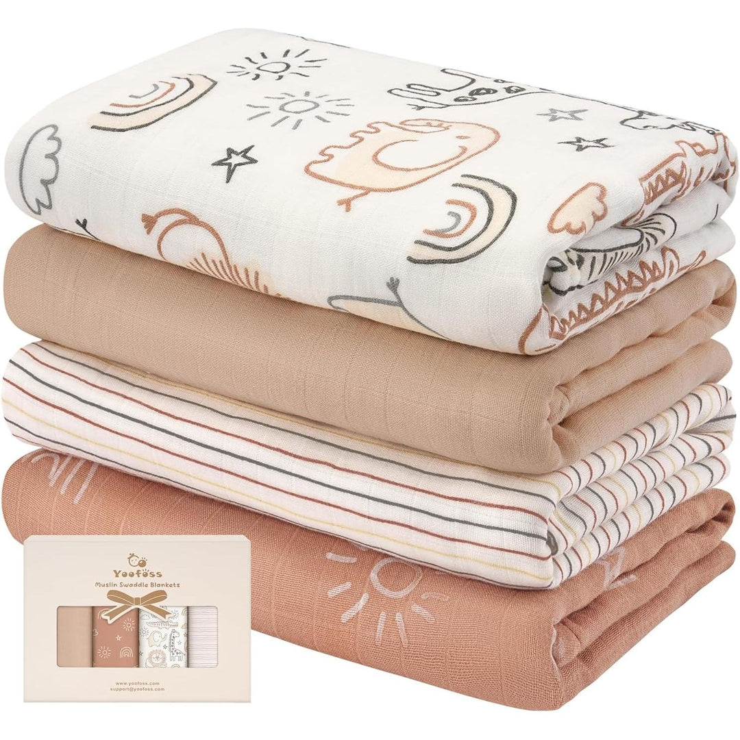 Muslin Swaddle Blankets, 4 Pack Receiving Blankets for Boys and Girls, 47 x 47 Inches Muslin Baby Blankets Soft Breathable - Brown Animals - Just Closeouts Canada Inc.
