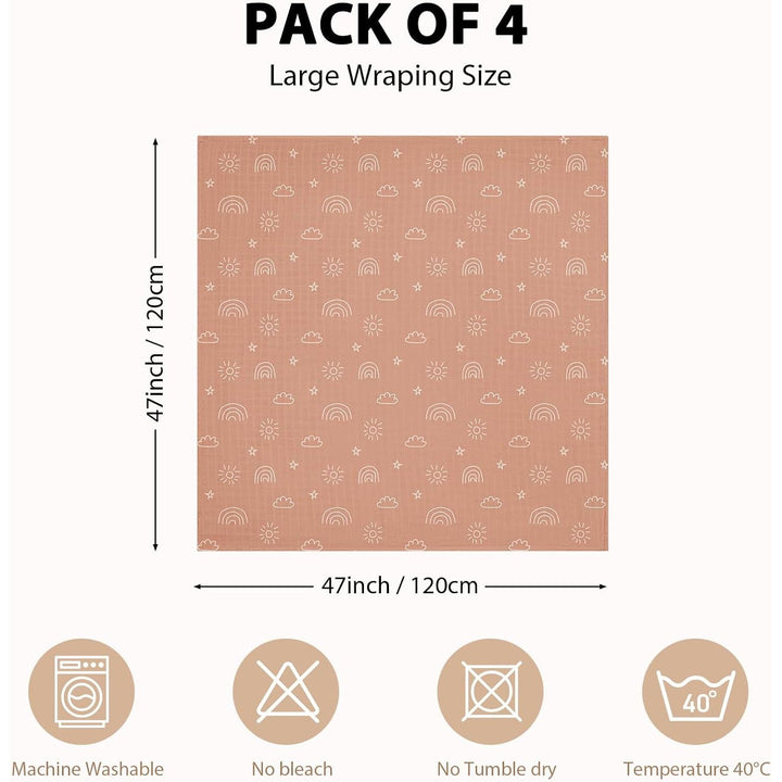 Muslin Swaddle Blankets, 4 Pack Receiving Blankets for Boys and Girls, 47 x 47 Inches Muslin Baby Blankets Soft Breathable - Brown Animals - Just Closeouts Canada Inc.